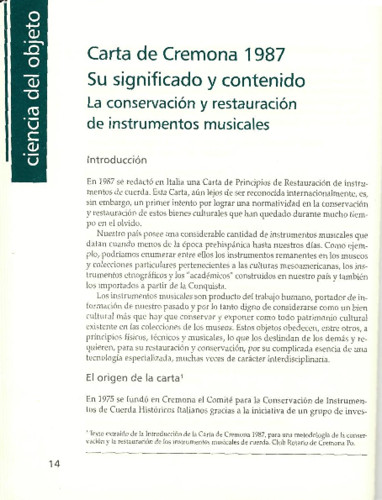 Carta de Cremona 1987. Su significado y contenido. La conservación y restauración de instrumentos musicales