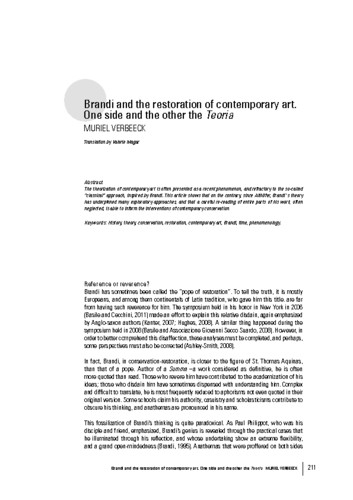 Brandi and the restoration of contemporary art. One side and the other the Teoria