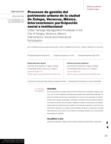 Procesos de gestión del patrimonio urbano de la ciudad de Xalapa, Veracruz, México. Intervenciones: participación social e institucional