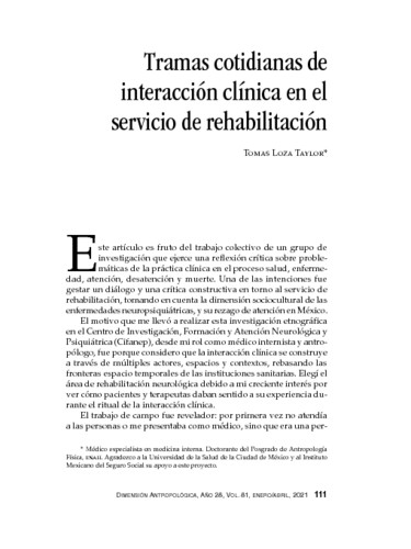 Tramas cotidianas de interacción clínica en el servicio de rehabilitación