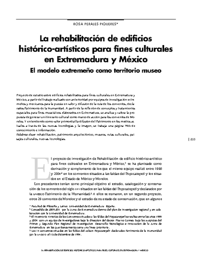 La rehabilitación de edificios histórico-artísticos para fines culturales en Extremadura y México. El modelo extremeño como territorio museo