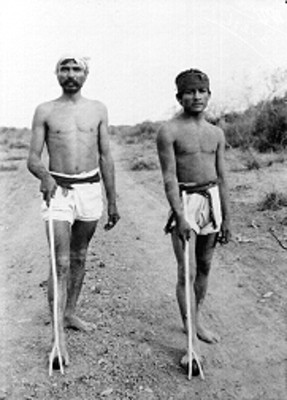 Hombres tarahumaras con palos y pelota en un paraje, retrato