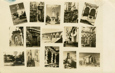 Tarjeta postal que muestra varias iglesias y monumentos de Querétaro