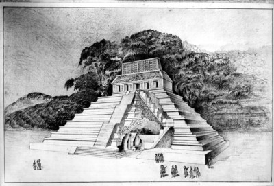 Dibujo del Templo de las Inscripciones que muestra la escalera interior |  Mediateca INAH