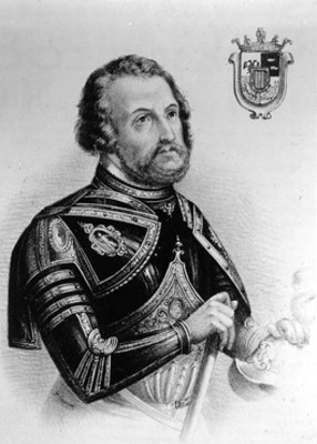 Hernán Cortes, conquistador español, litografía
