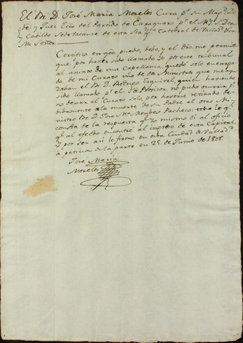 Certificación del estado en que quedó su curato a su partida a Valladolid
