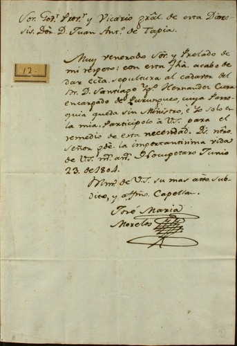 Aviso al Sr. Gobernador, Provisor y Vicario General de la diócesis, Don Juan Antonio de Tapia de la muerte del cura de Purungueo