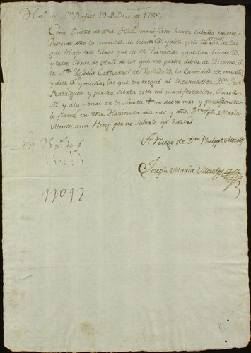 Manifestación del diezmo del añil, a nombre de Don Felipe Morelos
