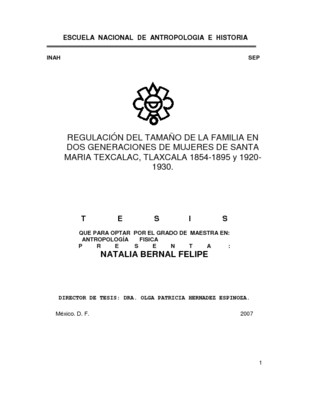 Regulación del tamaño de la familia en dos generaciones de mujeres de Santa María Texcalac, Tlaxcala 1854-1895  y 1920-1930