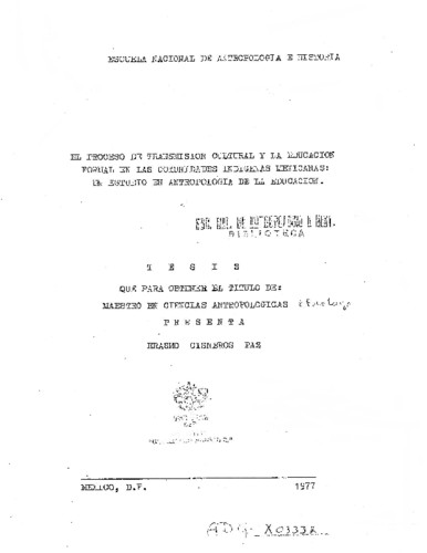 El proceso de transmisión cultural y la educación formal en las comunidades indígenas mexicanas: un estudio en antropología de la educación