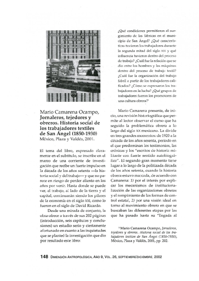 Mario Camarena Ocampo, Jornaleros, tejedores y obreros. Historia social de los trabajadores textiles de San Ángel (1850-1930), México, Plaza y Valdés, 2001.