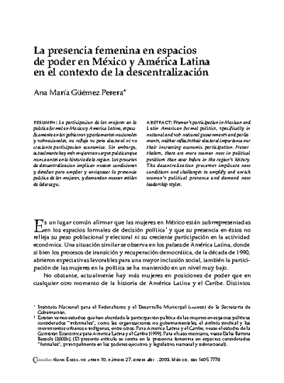 La presencia femenina en espacios de poder en México y América Latina en el contexto de la descentralización