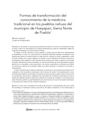 Formas de transformación del conocimiento de la medicina tradicional en los pueblos nahuas del municipio de Hueyapan, Sierra Norte de Puebla