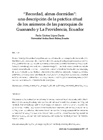 Recordad almas dormidas: una descripción de la práctica ritual de los animeros de las parroquias de Guanando y La Providencia, en Ecuador