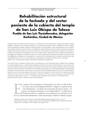 Rehabilitación estructural de la fachada y del sector poniente de la cubierta del templo de San Luis Obispo de Tolosa Pueblo de San Luis Tlaxialtemalco, delegación Xochimilco, Ciudad de México