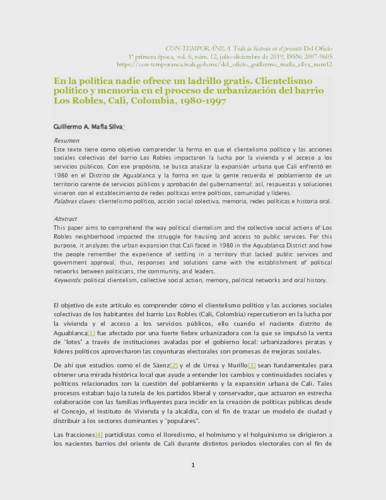 En la política nadie ofrece un ladrillo gratis. Clientelismo político y memoria en el proceso de urbanización del barrio Los Robles, Cali, Colombia, 1980-1997