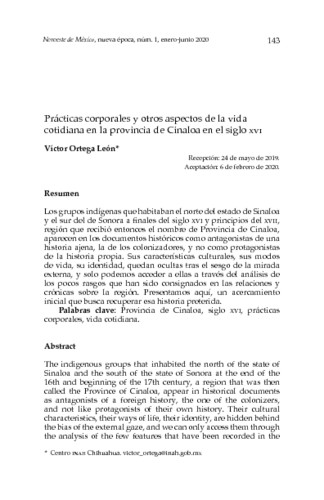 Prácticas corporales y otros aspectos de la vida cotidiana en la provincia de Cinaloa en el siglo XVI