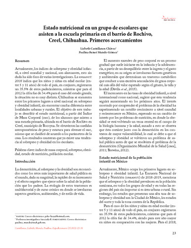 Estado nutricional en un grupo de escolares que asisten a la escuela primaria en el barrio de Rochivo, Creel, Chihuahua. Primeros Acercamientos