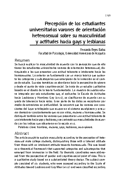 Percepción de los estudiantes universitarios varones de orientación heterosexual sobre su masculinidad y actitudes hacia gays y lesbianas