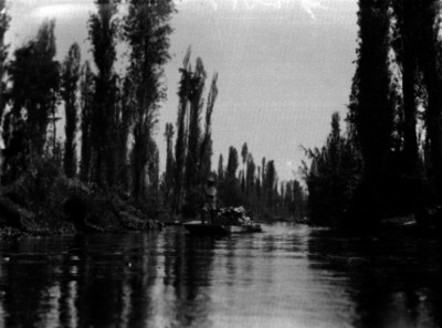 Hombre en una trajinera navegando por un canal de Xochimilco