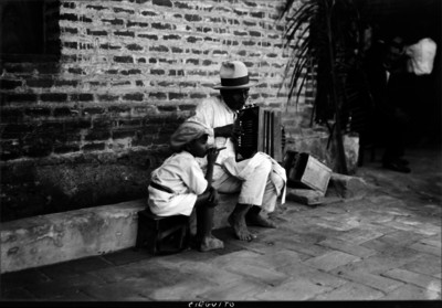 Ciego toca acordeón en la calle