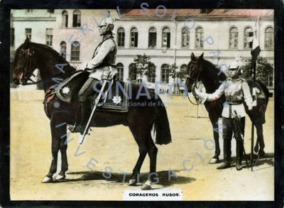 "Coraceros rusos" a caballo en una calle, retrato