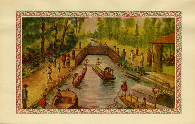 Trajineras en un canal de Xochimilco, tarjeta navideña