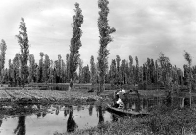 Canal, hombre sobre tranijera