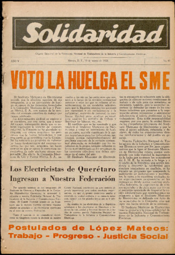 Solidaridad. Órgano Quincenal de la Federación Nacional de Trabajadores de la Industria y Comunicaciones Eléctricas Núm. 61 Primera época (1958) marzo