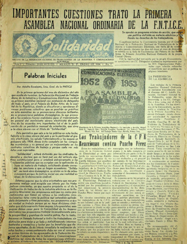 Solidaridad. Periódico Sindical de Combate.Órgano de la Federación Nacional de Trabajadores de la Industria y Comunicaciones Eléctricas Núm. 1 Primera época (1954) enero